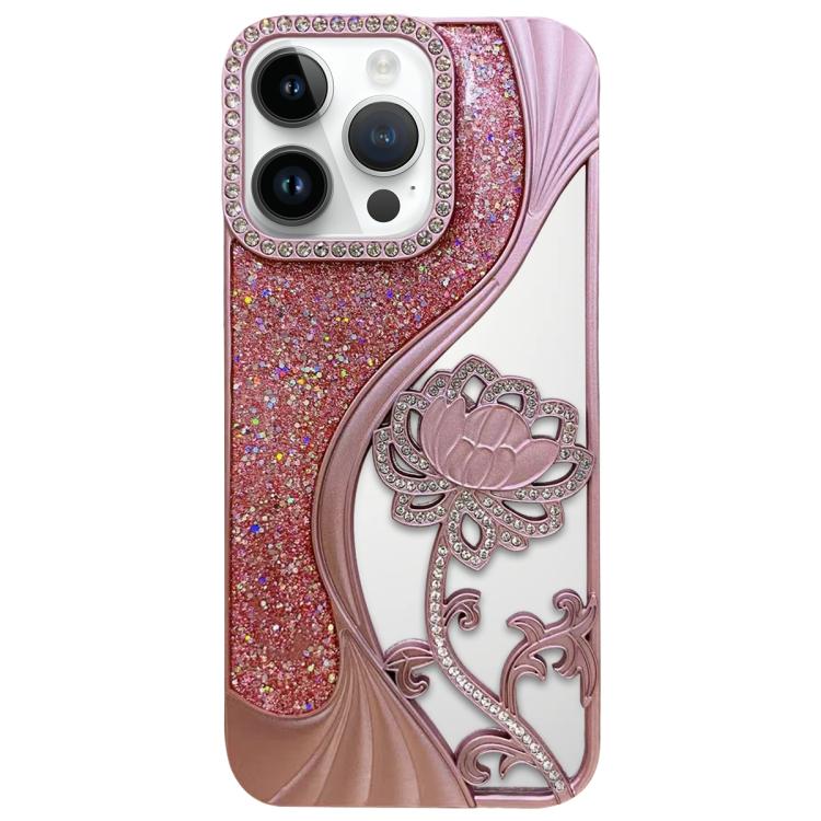Electroplated TPU Lotus Hollow-carved  Rhinestone Glitter Phone Case, For iPhone 15, For iPhone 14, For iPhone 14 Pro, For iPhone 14 Pro Max, For iPhone 13 Pro Max, For iPhone 13 Pro, For iPhone 13, For iPhone 12