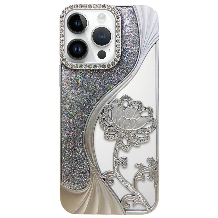 Electroplated TPU Lotus Hollow-carved  Rhinestone Glitter Phone Case, For iPhone 15, For iPhone 14, For iPhone 14 Pro, For iPhone 14 Pro Max, For iPhone 13 Pro Max, For iPhone 13 Pro, For iPhone 13, For iPhone 12