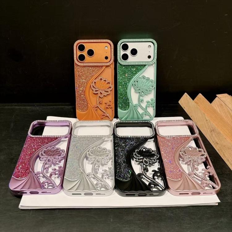 Electroplated TPU Lotus Hollow-carved  Rhinestone Glitter Phone Case, For iPhone 16, For iPhone 15 Pro Max, For iPhone 15 Pro, For iPhone 15, For iPhone 14, For iPhone 14 Pro, For iPhone 14 Pro Max, For iPhone 13 Pro Max