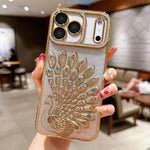 Electroplated TPU Peacock Relief Rhinestone Glitter Phone Case with Lens Film, For iPhone 17 Pro Max, For iPhone 17 Pro, For iPhone 17, For iPhone 16 Pro Max, For iPhone 16 Pro, For iPhone 16 Plus, For iPhone 16, For iPhone 15 Pro Max