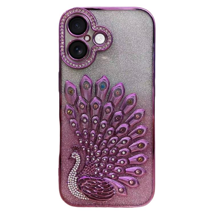 Electroplated TPU Peacock Relief Rhinestone Glitter Phone Case with Lens Film, For iPhone 17 Pro Max, For iPhone 17 Pro, For iPhone 17, For iPhone 16 Pro Max, For iPhone 16 Pro, For iPhone 16 Plus, For iPhone 16, For iPhone 15 Pro Max