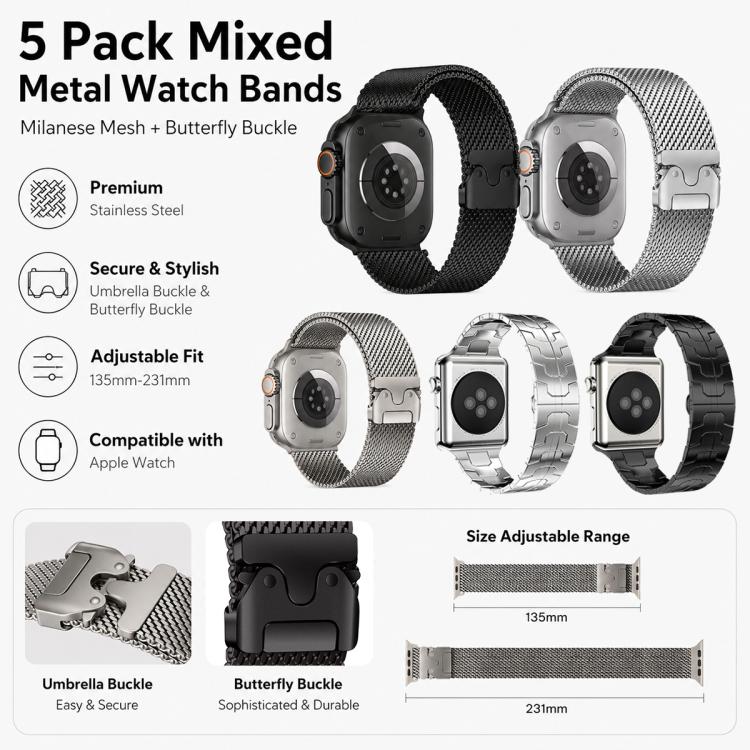 5 Pack xDfind Umbrella Buckle Milanese + Butterfly Buckle Mixed Watch Band, For Apple Watch 42 / 44 / 45 / 46 / 49mm, For Apple Watch 38 / 40 / 41 / S11 42mm