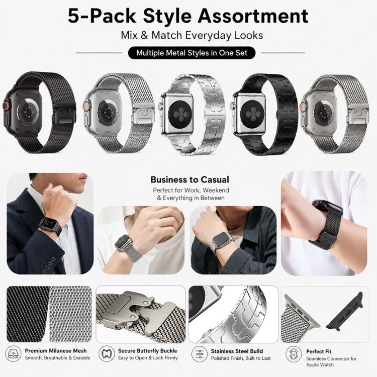 5 Pack xDfind Umbrella Buckle Milanese + Butterfly Buckle Mixed Watch Band, For Apple Watch 42 / 44 / 45 / 46 / 49mm, For Apple Watch 38 / 40 / 41 / S11 42mm