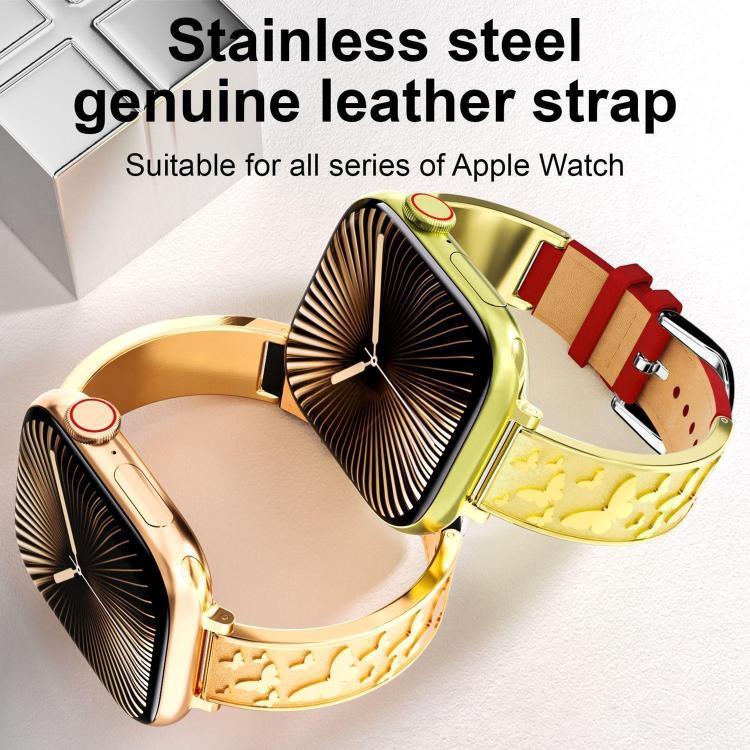 xDfind Butterfly Stainless Steel Hybrid Genuine Leather Watch Band, For Apple Watch 42 / 44 / 45 / 46 / 49mm, For Apple Watch 38 / 40 / 41 / S11 42mm
