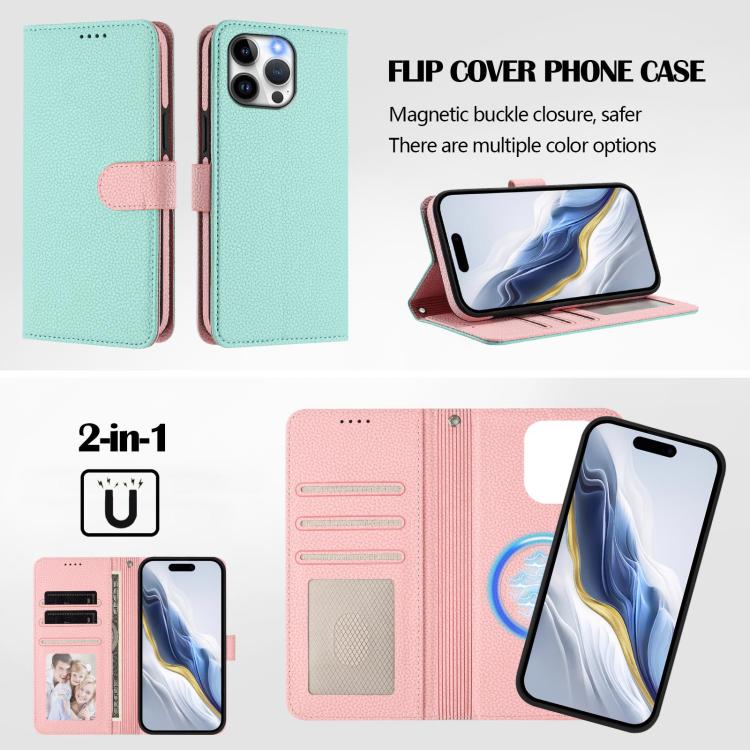Detachable Litchi Texture Magnetic Side-Patch Vegan Leather Phone Case, For iPhone 15 Pro Max, For iPhone 15 Pro, For iPhone 15 Plus, For iPhone 15, For iPhone 14 Plus, For iPhone 14, For iPhone 14 Pro, For iPhone 14 Pro Max