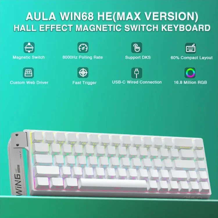 AULA WIN68HE Standard Version 68 Keys RGB Wired Keyboard, WIN68HE Side Printed White Grey Wood Magnetic Axis