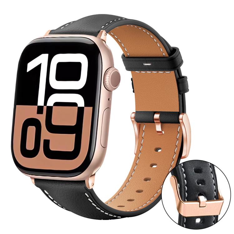 xDfind Rose Gold Buckle Black Shark Fine Grain Vegan Leather Watch Band, For Apple Watch 42 / 44 / 45 / 46 / 49mm, For Apple Watch 38 / 40 / 41 / S11 42mm