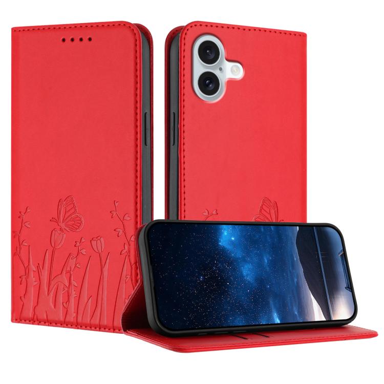 Tulips Butterfly Pattern Magnetic Vegan Leather Phone Case, For iPhone Air, For iPhone 16 Pro Max, For iPhone 16 Pro, For iPhone 16 Plus