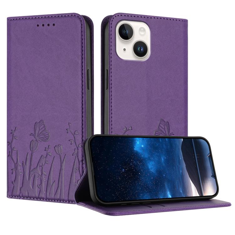Tulips Butterfly Pattern Magnetic Vegan Leather Phone Case, For iPhone 15, For iPhone 14 Plus, For iPhone 14, For iPhone 14 Pro