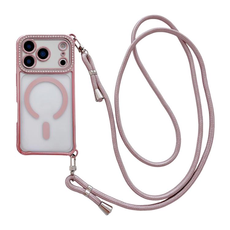 Rhinestone Clear Acrylic Electroplated Magnetic Phone Case with Right-Side Crossbody Lanyard, For iPhone 17 Pro Max, For iPhone 17 Pro, For iPhone 17, For iPhone Air, For iPhone 16 Pro Max, For iPhone 16 Pro, For iPhone 16 Plus, For iPhone 16          ...