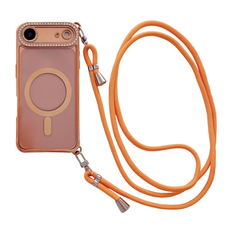 Rhinestone Clear Acrylic Electroplated Magnetic Phone Case with Right-Side Crossbody Lanyard, For iPhone 17 Pro Max, For iPhone 17 Pro, For iPhone 17, For iPhone Air, For iPhone 16 Pro Max, For iPhone 16 Pro, For iPhone 16 Plus, For iPhone 16          ...