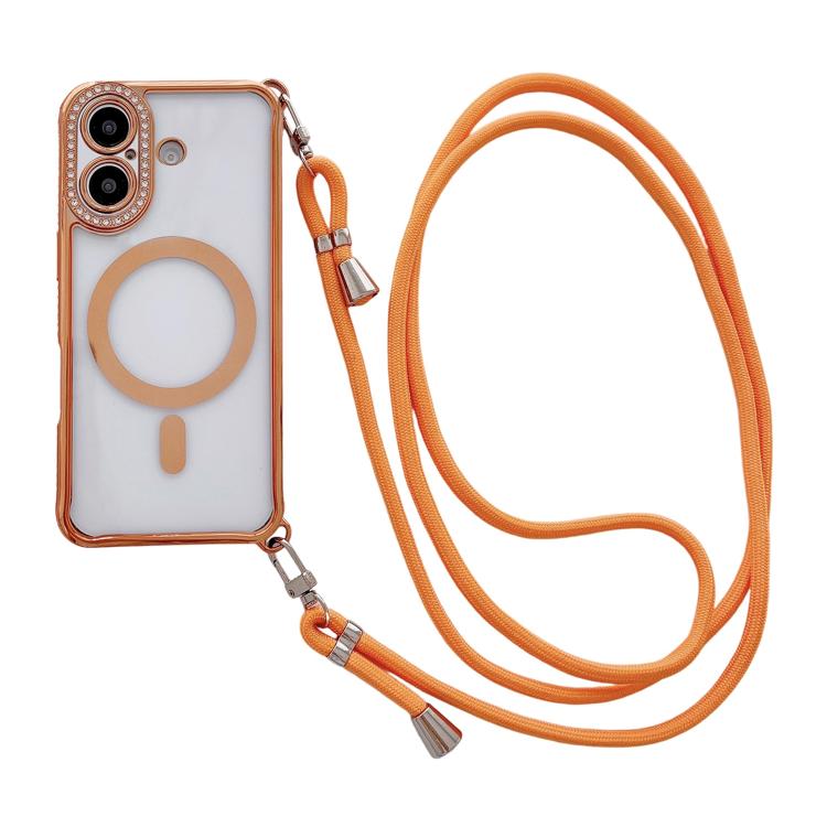 Rhinestone Clear Acrylic Electroplated Magnetic Phone Case with Right-Side Crossbody Lanyard, For iPhone 17 Pro Max, For iPhone 17 Pro, For iPhone 17, For iPhone Air, For iPhone 16 Pro Max, For iPhone 16 Pro, For iPhone 16 Plus, For iPhone 16          ...