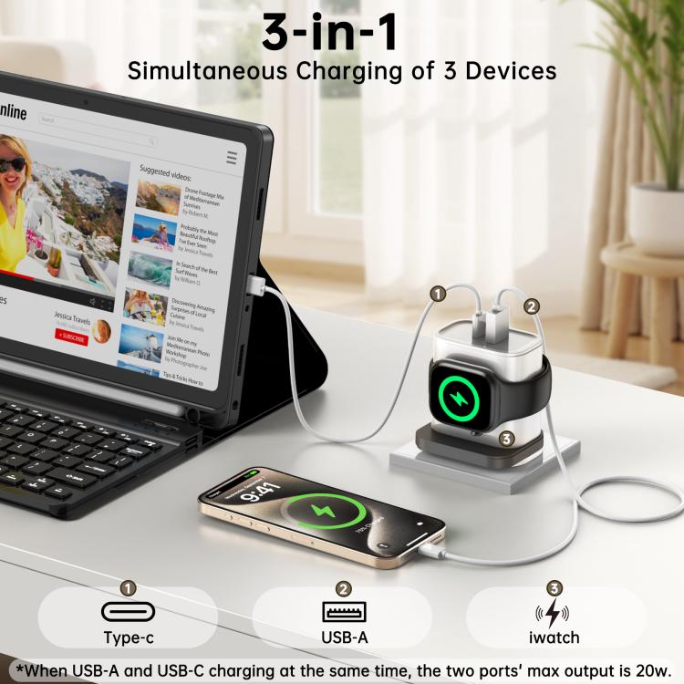 XL-16 3 in 1 20W USB + Type-C Multifunctional Charger For Apple Watch Wireless Charging Function,Plug: US Plug