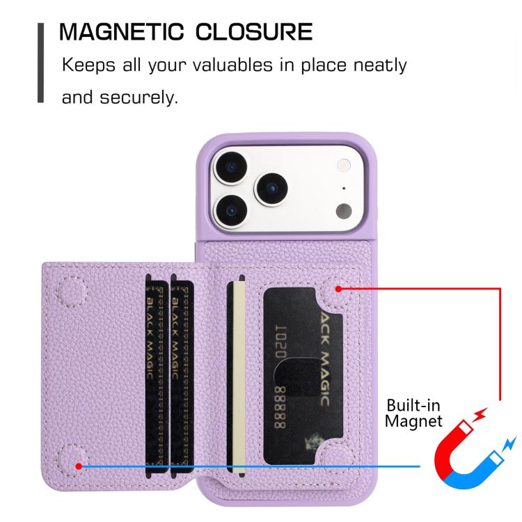 Litchi Pattern Magnetic Card Bag Holder Phone Case, For iPhone 17 Pro Max, For iPhone 17 Pro