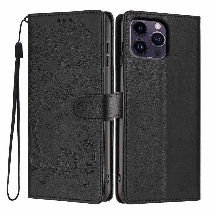 Tree Cat Embossed Flip Vegan Leather Phone Case, For iPhone 14 Pro Max, For iPhone 13 Pro Max, For iPhone 13 Pro, For iPhone 13, For iPhone 12 Pro Max, For iPhone 12 / 12 Pro