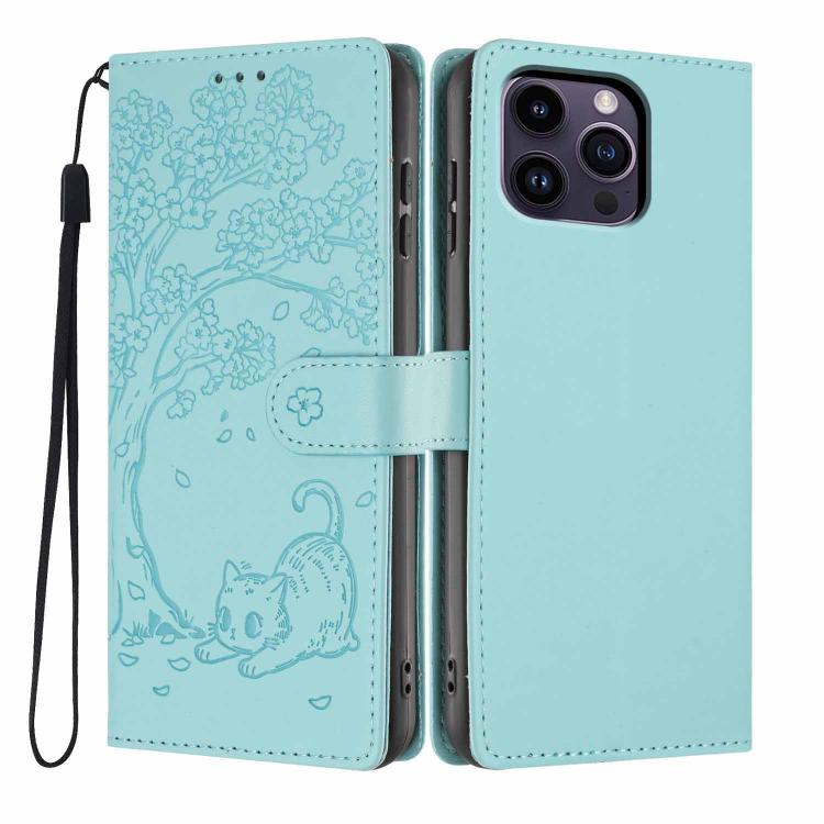 Tree Cat Embossed Flip Vegan Leather Phone Case, For iPhone 13 Pro, For iPhone 13, For iPhone 12 Pro Max, For iPhone 12 / 12 Pro, For iPhone 11 Pro Max, For iPhone 11