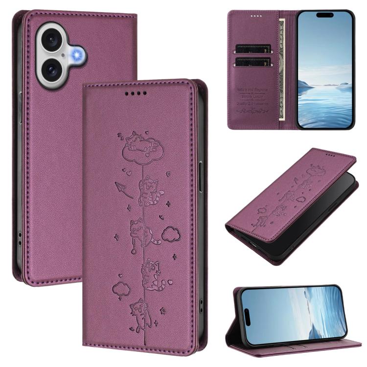 Cute Cats Embossed Magnetic RFID Vegan Leather Phone Case, For iPhone 17e / 16e, For iPhone 17 Pro Max, For iPhone 17 Pro, For iPhone 17