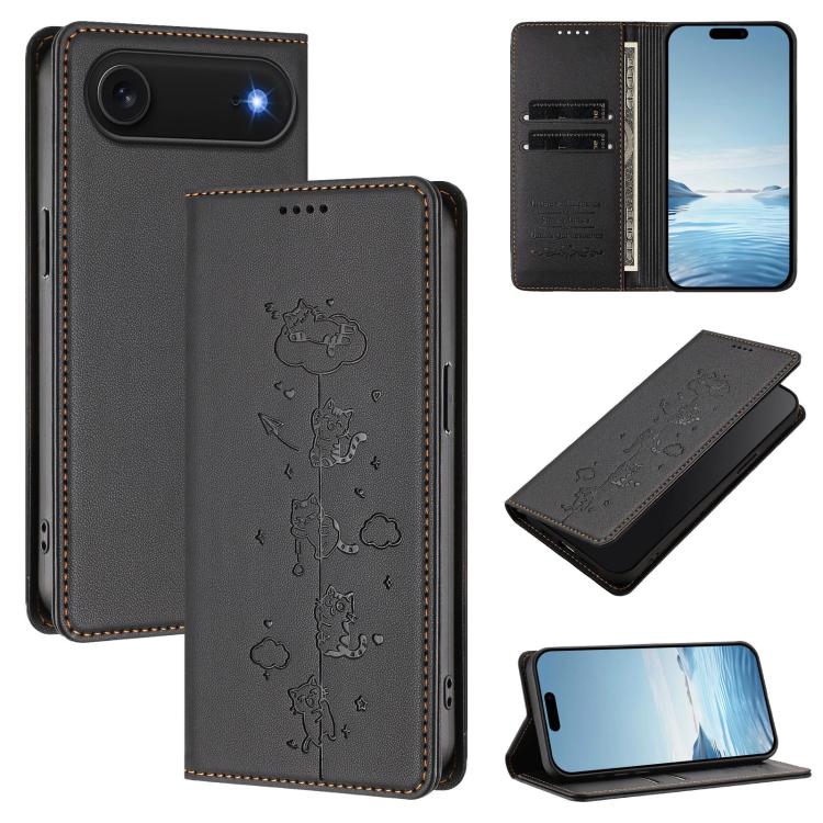 Cute Cats Embossed Magnetic RFID Vegan Leather Phone Case, For iPhone Air, For iPhone 16 Pro Max, For iPhone 16 Pro, For iPhone 16 Plus