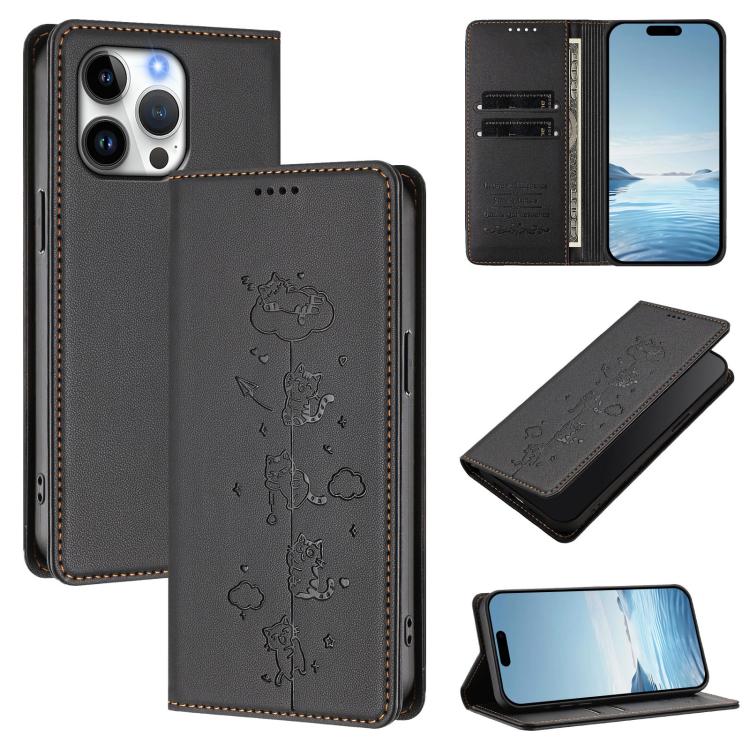 Cute Cats Embossed Magnetic RFID Vegan Leather Phone Case, For iPhone Air, For iPhone 16 Pro Max, For iPhone 16 Pro, For iPhone 16 Plus