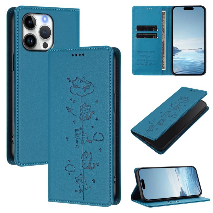 Cute Cats Embossed Magnetic RFID Vegan Leather Phone Case, For iPhone Air, For iPhone 16 Pro Max, For iPhone 16 Pro, For iPhone 16 Plus