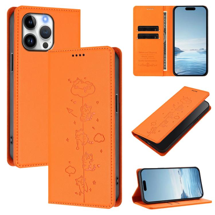 Cute Cats Embossed Magnetic RFID Vegan Leather Phone Case, For iPhone Air, For iPhone 16 Pro Max, For iPhone 16 Pro, For iPhone 16 Plus