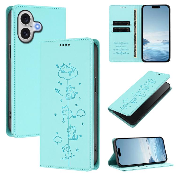 Cute Cats Embossed Magnetic RFID Vegan Leather Phone Case, For iPhone Air, For iPhone 16 Pro Max, For iPhone 16 Pro, For iPhone 16 Plus
