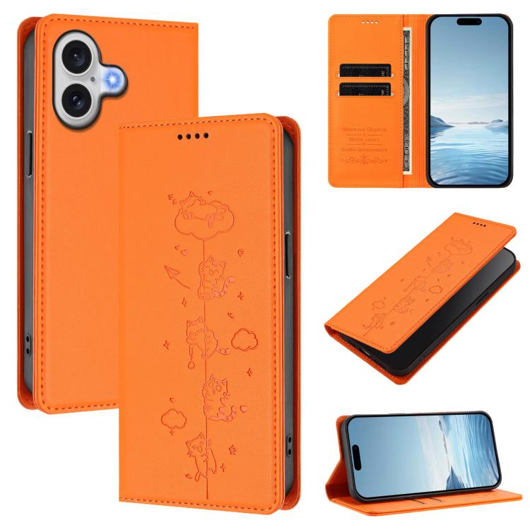 Cute Cats Embossed Magnetic RFID Vegan Leather Phone Case, For iPhone Air, For iPhone 16 Pro Max, For iPhone 16 Pro, For iPhone 16 Plus