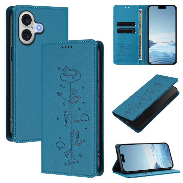 Cute Cats Embossed Magnetic RFID Vegan Leather Phone Case, For iPhone Air, For iPhone 16 Pro Max, For iPhone 16 Pro, For iPhone 16 Plus