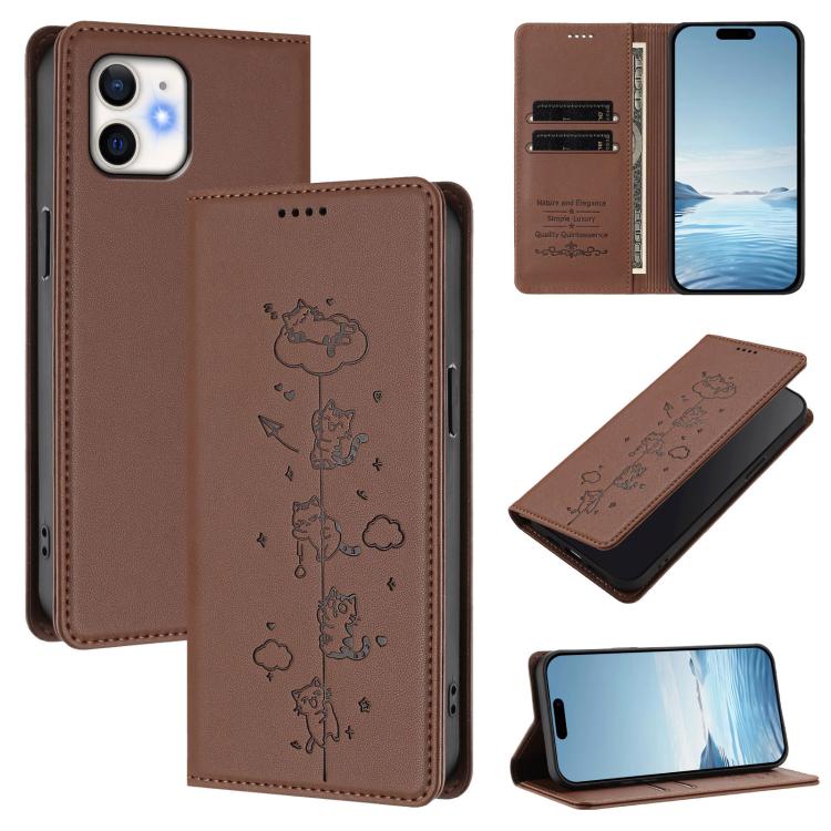 Cute Cats Embossed Magnetic RFID Vegan Leather Phone Case, For iPhone 12 / 12 Pro, For iPhone 11 Pro Max, For iPhone 11, For iPhone 11 Pro