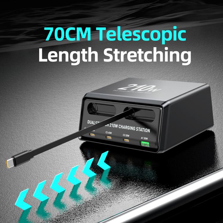 WXL-60E 210W 6-in-1 Desktop Multi Ports Charging Station Built-in Dual Telescopic Cables, WXL-60E
