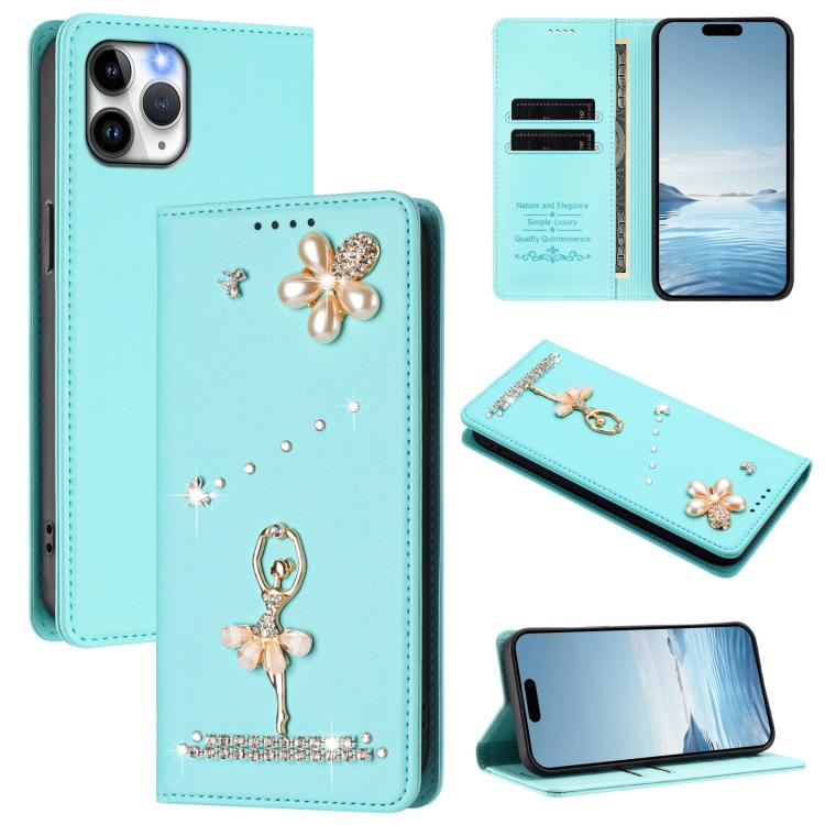 Ballet Girl Diamond Studded RFID Vegan Leather Phone Case, For iPhone 13 Pro, For iPhone 12 / 12 Pro, For iPhone 12 Pro Max, For iPhone 11 Pro Max, For iPhone 11, For iPhone 11 Pro