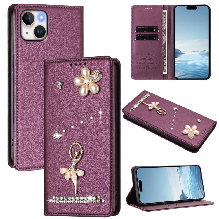 Ballet Girl Diamond Studded RFID Vegan Leather Phone Case, For iPhone 16 Pro, For iPhone 16 Plus, For iPhone 16, For iPhone 15 Pro Max, For iPhone 15 Pro, For iPhone 15 Plus