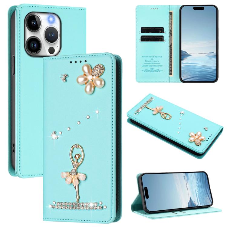 Ballet Girl Diamond Studded RFID Vegan Leather Phone Case, For iPhone 16 Pro, For iPhone 16 Plus, For iPhone 16, For iPhone 15 Pro Max, For iPhone 15 Pro, For iPhone 15 Plus