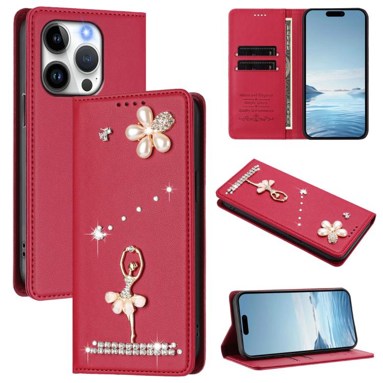 Ballet Girl Diamond Studded RFID Vegan Leather Phone Case, For iPhone 16 Pro, For iPhone 16 Plus, For iPhone 16, For iPhone 15 Pro Max, For iPhone 15 Pro, For iPhone 15 Plus