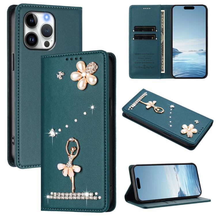 Ballet Girl Diamond Studded RFID Vegan Leather Phone Case, For iPhone 17e / 16e, For iPhone 17 Pro Max, For iPhone 17 Pro, For iPhone 17, For iPhone Air, For iPhone 16 Pro Max