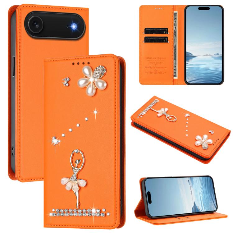 Ballet Girl Diamond Studded RFID Vegan Leather Phone Case, For iPhone 17e / 16e, For iPhone 17 Pro Max, For iPhone 17 Pro, For iPhone 17, For iPhone Air, For iPhone 16 Pro Max