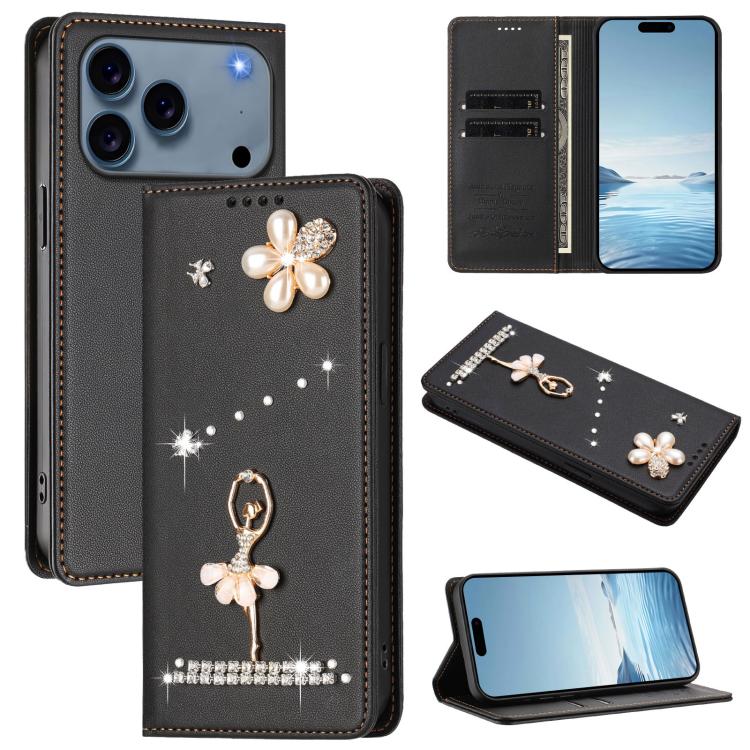 Ballet Girl Diamond Studded RFID Vegan Leather Phone Case, For iPhone 17e / 16e, For iPhone 17 Pro Max, For iPhone 17 Pro, For iPhone 17, For iPhone Air, For iPhone 16 Pro Max