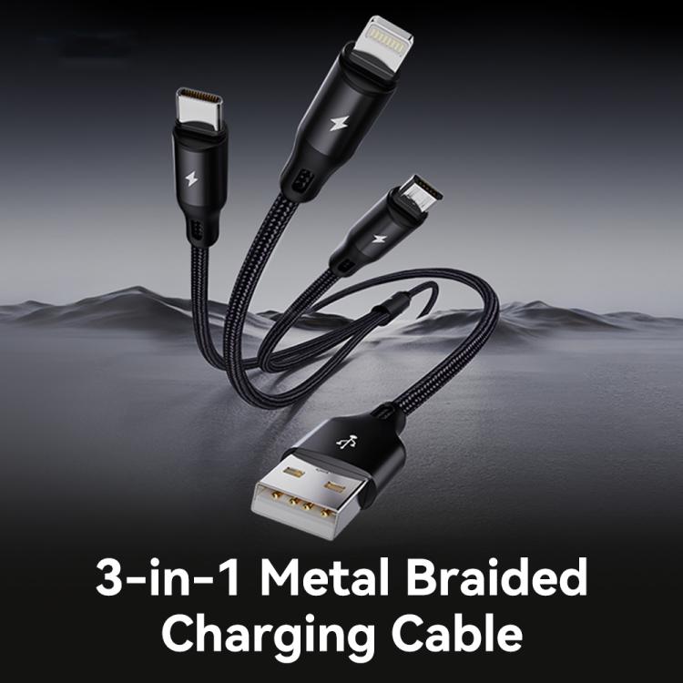 ROCK RCB0790 1.2m 3-in-1 USB to 8 Pin + Type-C + Micro USB Metal Braided Charging Cable, RCB0790