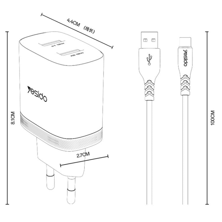 Yesido YC104 12W 2.4A USB Dual Ports Charger Set with 1m USB to Type-C Data Cable, YC104