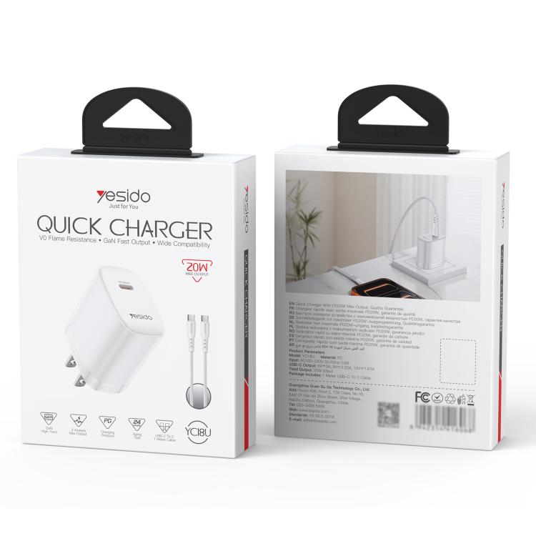 Yesido YC18U PD20W Type-C Charger Set with 1m Type-C to Type-C Data Cable, YC18U