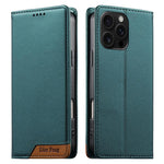 Dierfeng Splicing Strong Magnetic RFID Vegan Leather Phone Case, For iPhone 17e / 16e, For iPhone 17 Pro Max, For iPhone 17 Pro, For iPhone 17, For iPhone Air, For iPhone 16 Pro Max, For iPhone 16 Pro, For iPhone 16 Plus