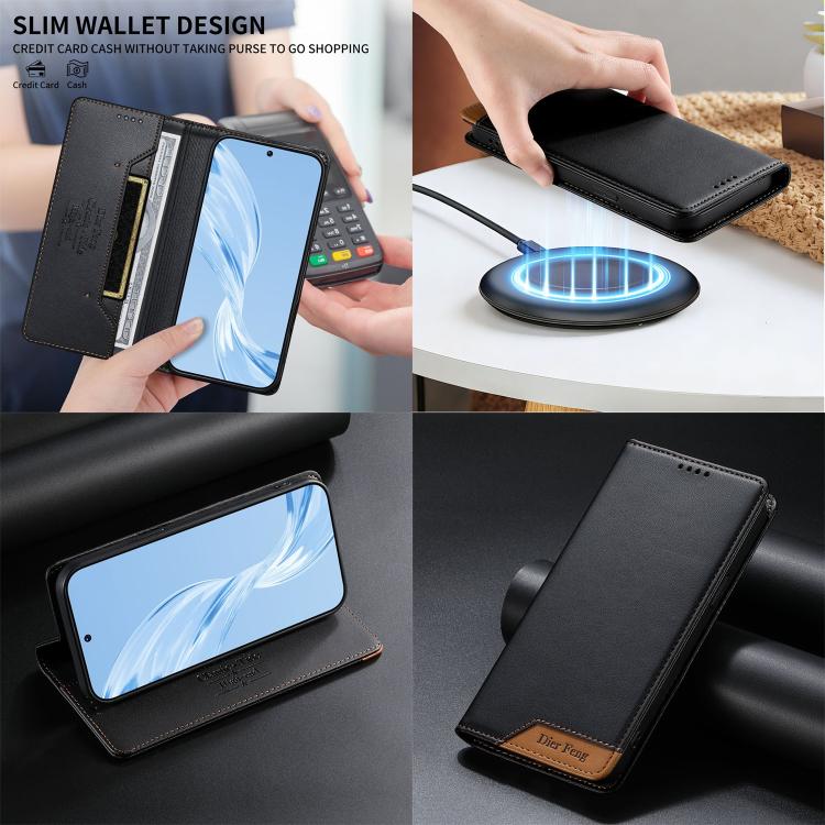 Dierfeng Splicing Strong Magnetic RFID Vegan Leather Phone Case, For iPhone 17e / 16e, For iPhone 17 Pro Max, For iPhone 17 Pro, For iPhone 17, For iPhone Air, For iPhone 16 Pro Max, For iPhone 16 Pro, For iPhone 16 Plus