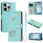 ZS01 Double-Layer Heart Floral Vegan Leather Phone Case with Wrist Strap, For iPhone 16 Pro, For iPhone 16 Plus, For iPhone 16, For iPhone 15 Pro Max, For iPhone 15 Pro, For iPhone 15 Plus