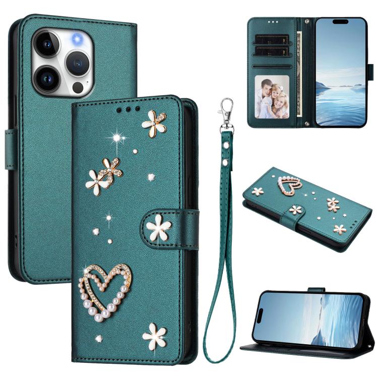 ZS01 Double-Layer Heart Floral Vegan Leather Phone Case with Wrist Strap, For iPhone 16 Pro, For iPhone 16 Plus, For iPhone 16, For iPhone 15 Pro Max, For iPhone 15 Pro, For iPhone 15 Plus