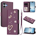 ZS01 Double-Layer Heart Floral Vegan Leather Phone Case with Wrist Strap, For iPhone 16 Pro, For iPhone 16 Plus, For iPhone 16, For iPhone 15 Pro Max, For iPhone 15 Pro, For iPhone 15 Plus