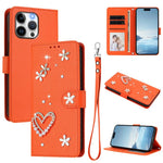 ZS01 Double-Layer Heart Floral Vegan Leather Phone Case with Wrist Strap, For iPhone 16 Pro, For iPhone 16 Plus, For iPhone 16, For iPhone 15 Pro Max, For iPhone 15 Pro, For iPhone 15 Plus