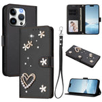 ZS01 Double-Layer Heart Floral Vegan Leather Phone Case with Wrist Strap, For iPhone 16 Pro, For iPhone 16 Plus, For iPhone 16, For iPhone 15 Pro Max, For iPhone 15 Pro, For iPhone 15 Plus
