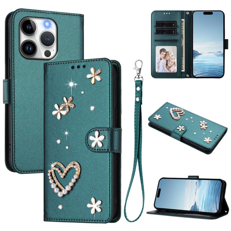 ZS01 Double-Layer Heart Floral Vegan Leather Phone Case with Wrist Strap, For iPhone 16 Pro, For iPhone 16 Plus, For iPhone 16, For iPhone 15 Pro Max, For iPhone 15 Pro, For iPhone 15 Plus