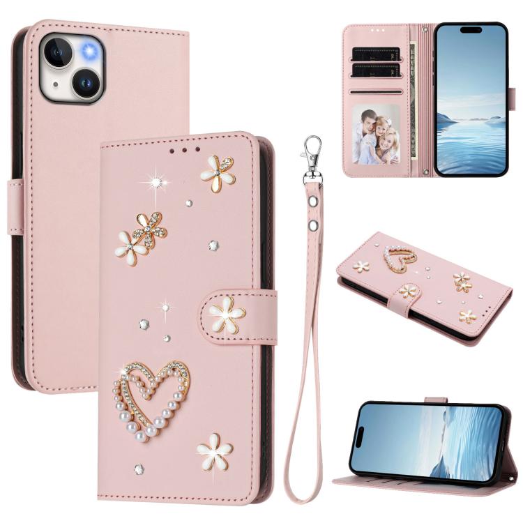 ZS01 Double-Layer Heart Floral Vegan Leather Phone Case with Wrist Strap, For iPhone 16 Pro, For iPhone 16 Plus, For iPhone 16, For iPhone 15 Pro Max, For iPhone 15 Pro, For iPhone 15 Plus