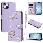 ZS01 Double-Layer Heart Floral Vegan Leather Phone Case with Wrist Strap, For iPhone 16 Pro, For iPhone 16 Plus, For iPhone 16, For iPhone 15 Pro Max, For iPhone 15 Pro, For iPhone 15 Plus